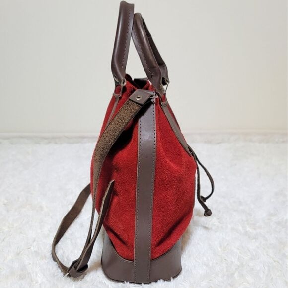 Red Suede Bolivian Folk Vintage Leather Synching Boho Bucket Bag Purse - Picture 6 of 13